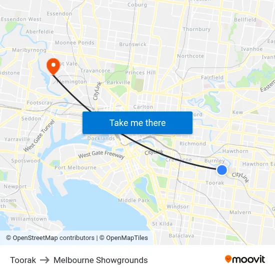 Toorak to Melbourne Showgrounds map