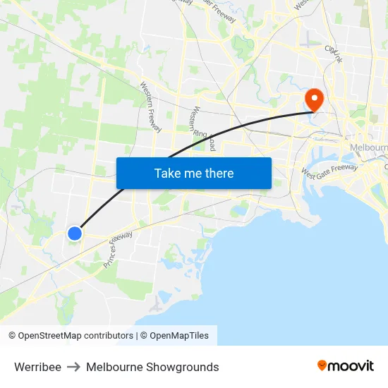 Werribee to Melbourne Showgrounds map