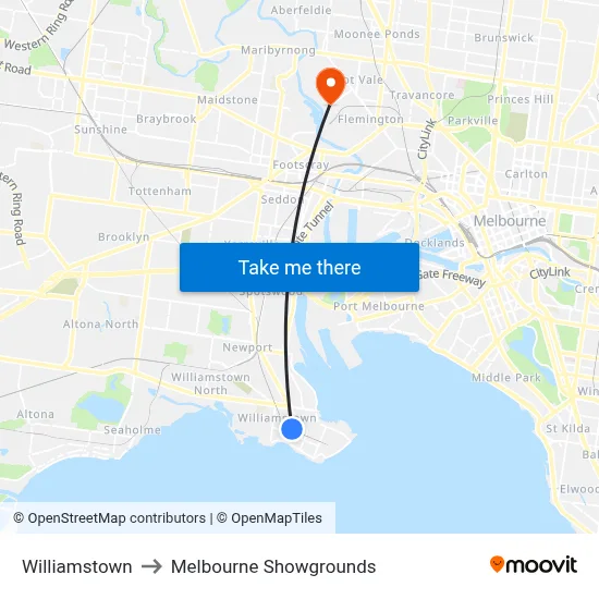 Williamstown to Melbourne Showgrounds map