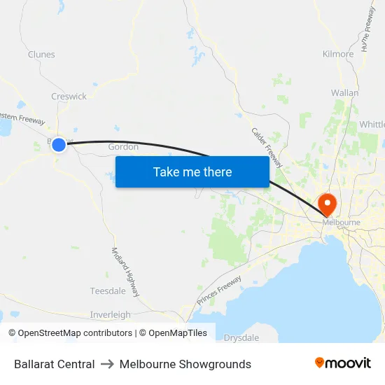 Ballarat Central to Melbourne Showgrounds map