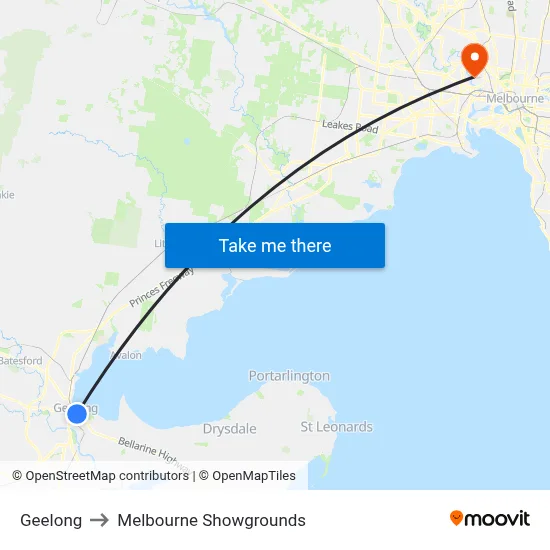 Geelong to Melbourne Showgrounds map