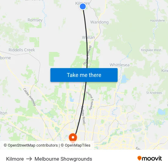 Kilmore to Melbourne Showgrounds map