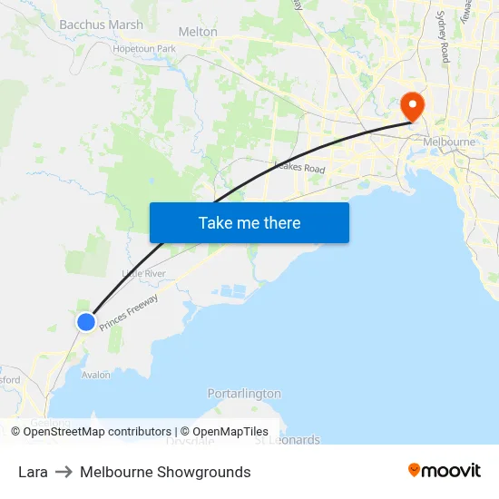 Lara to Melbourne Showgrounds map