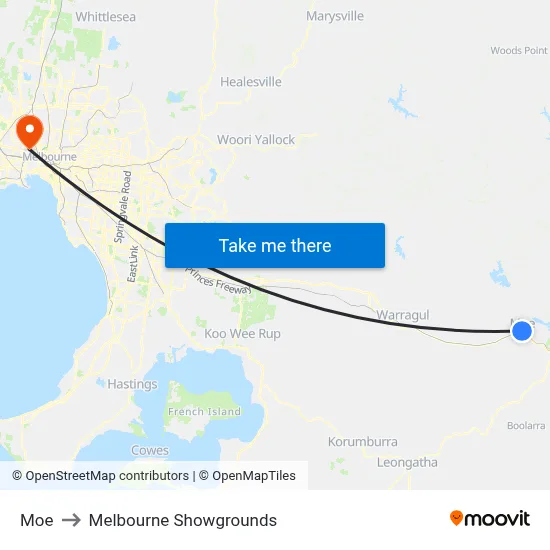 Moe to Melbourne Showgrounds map