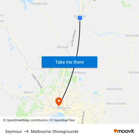 Seymour to Melbourne Showgrounds map