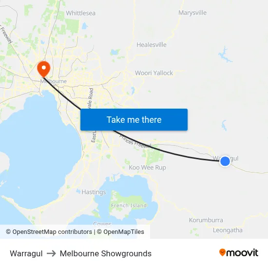 Warragul to Melbourne Showgrounds map