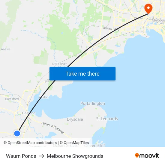 Waurn Ponds to Melbourne Showgrounds map