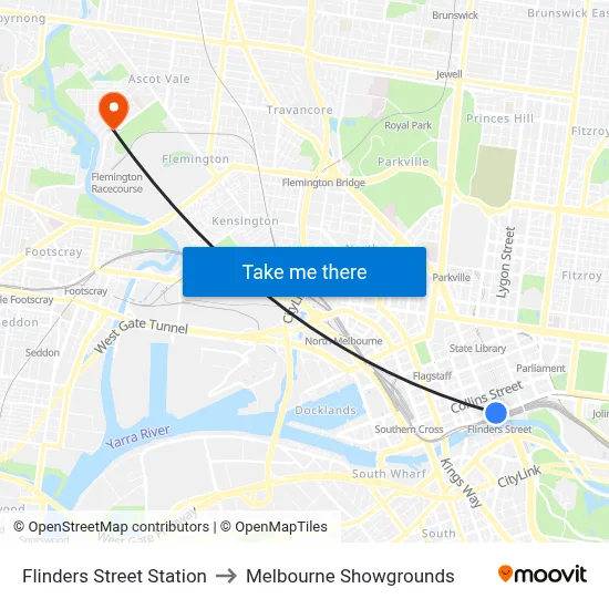 Flinders Street Station to Melbourne Showgrounds map