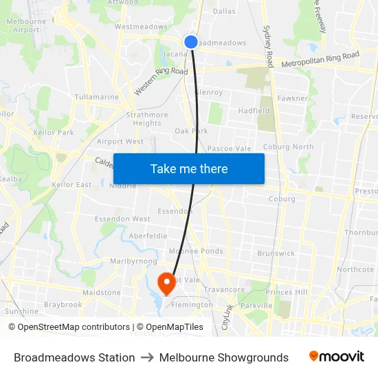 Broadmeadows Station to Melbourne Showgrounds map