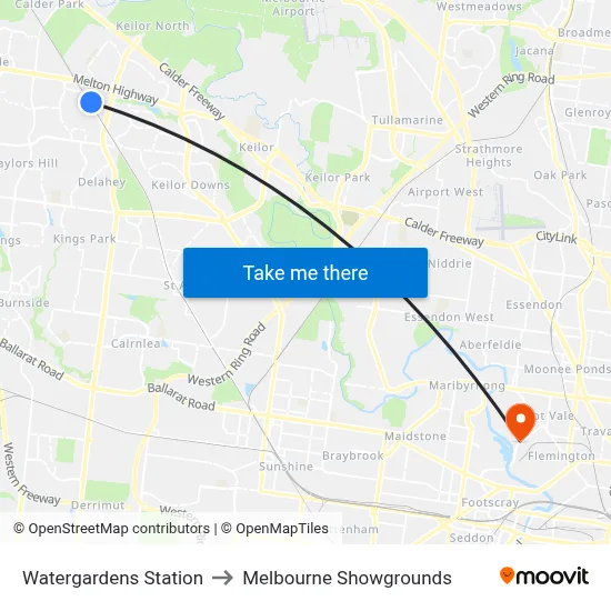 Watergardens Station to Melbourne Showgrounds map