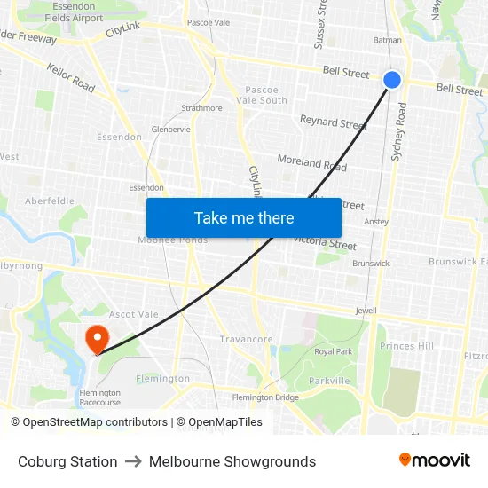 Coburg Station to Melbourne Showgrounds map