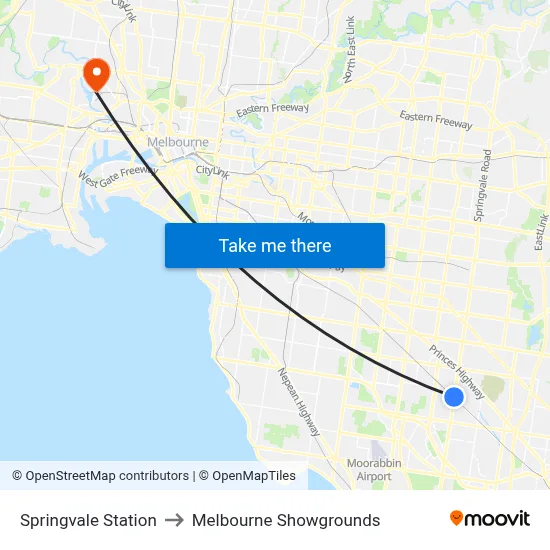 Springvale Station to Melbourne Showgrounds map