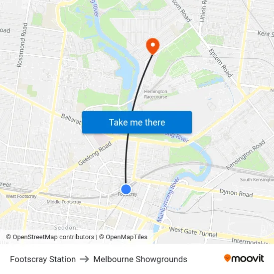 Footscray Station to Melbourne Showgrounds map