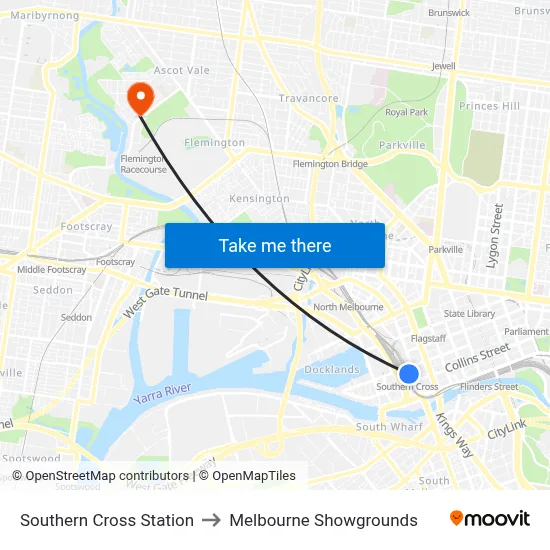Southern Cross Station to Melbourne Showgrounds map