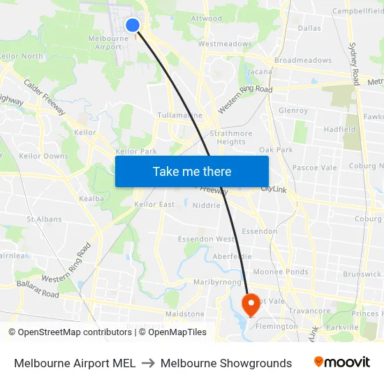 Melbourne Airport MEL to Melbourne Showgrounds map