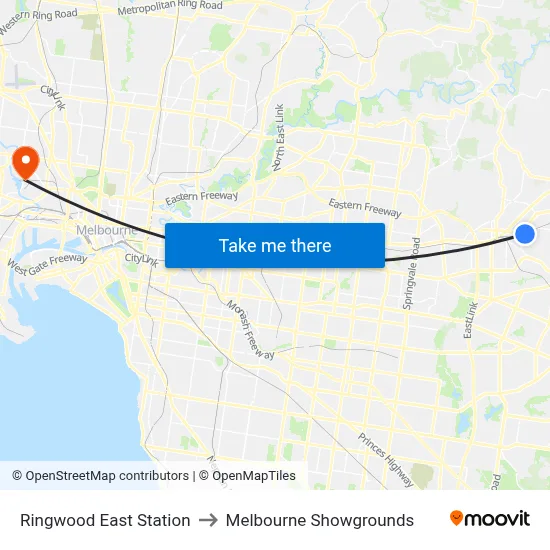 Ringwood East Station to Melbourne Showgrounds map