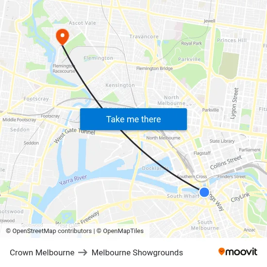 Crown Melbourne to Melbourne Showgrounds map