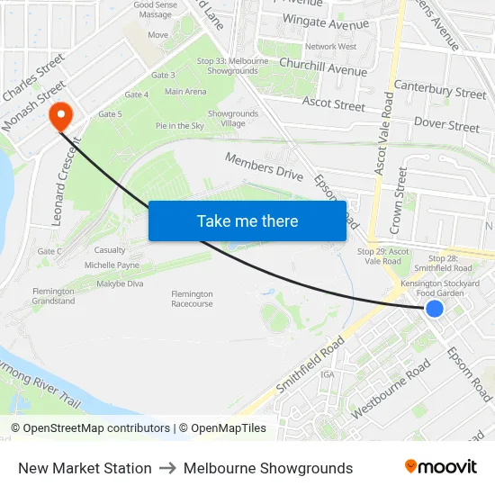 New Market Station to Melbourne Showgrounds map