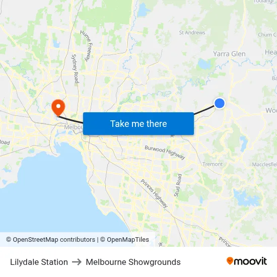 Lilydale Station to Melbourne Showgrounds map
