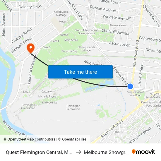 Quest Flemington Central, Melbourne to Melbourne Showgrounds map