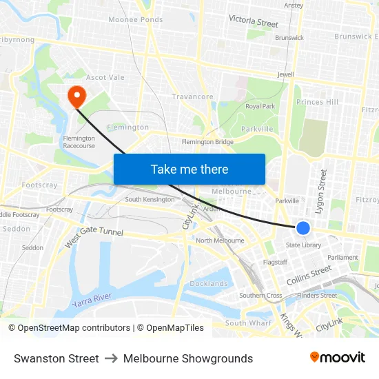 Swanston Street to Melbourne Showgrounds map