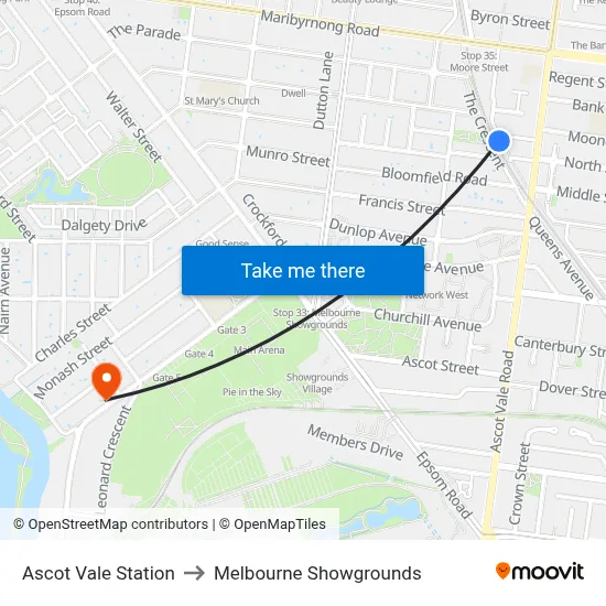 Ascot Vale Station to Melbourne Showgrounds map