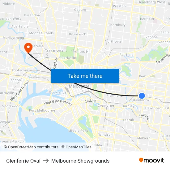Glenferrie Oval to Melbourne Showgrounds map