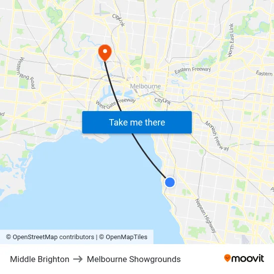 Middle Brighton to Melbourne Showgrounds map