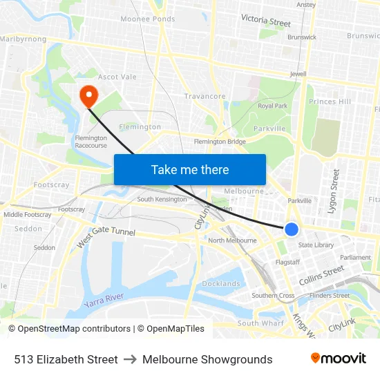513 Elizabeth Street to Melbourne Showgrounds map