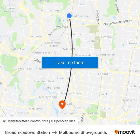 Broadmeadows Station to Melbourne Showgrounds map