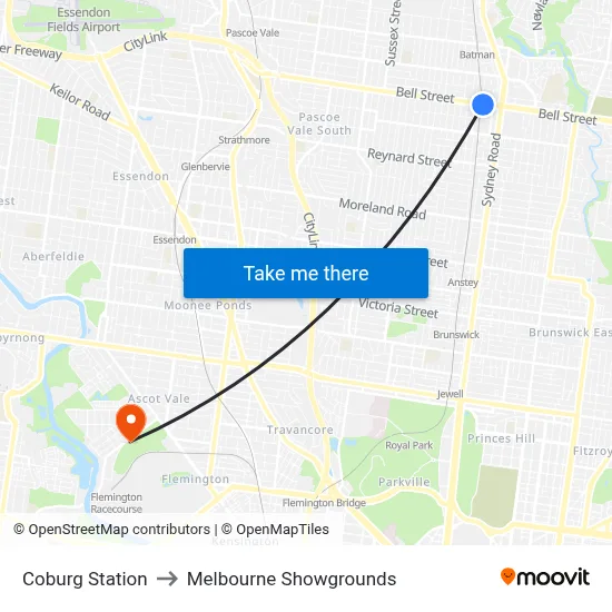 Coburg Station to Melbourne Showgrounds map