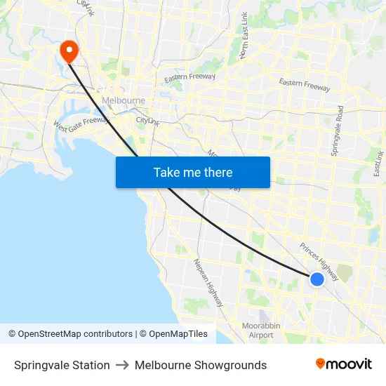 Springvale Station to Melbourne Showgrounds map