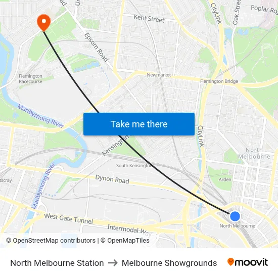 North Melbourne Station to Melbourne Showgrounds map