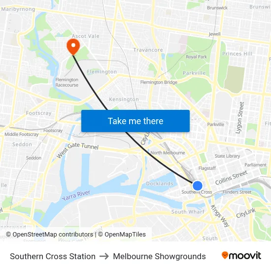 Southern Cross Station to Melbourne Showgrounds map