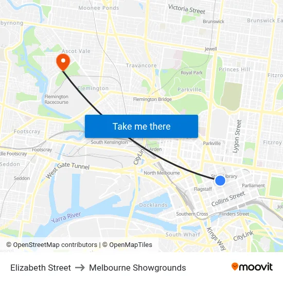Elizabeth Street to Melbourne Showgrounds map