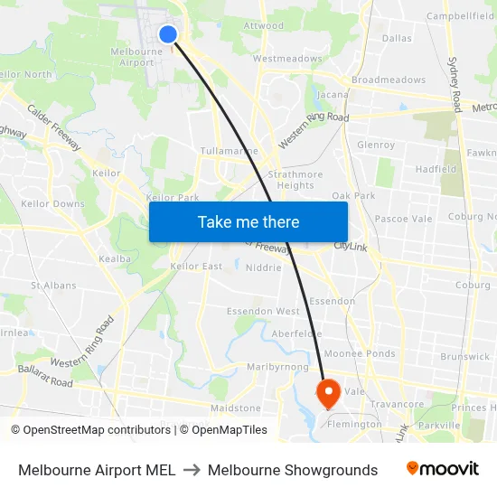 Melbourne Airport MEL to Melbourne Showgrounds map