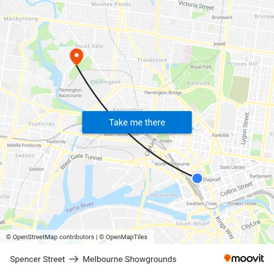 Spencer Street to Melbourne Showgrounds map