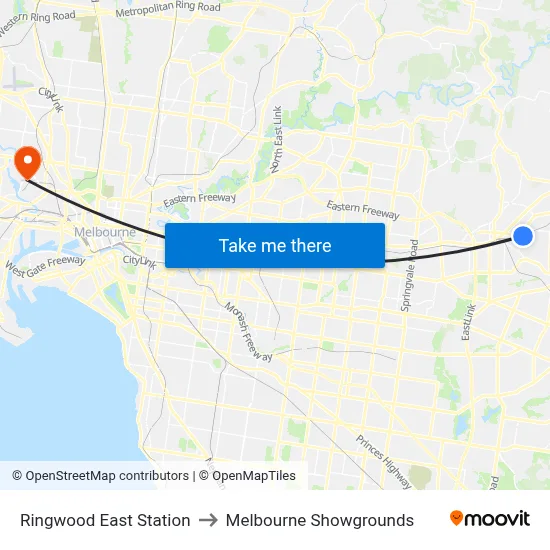 Ringwood East Station to Melbourne Showgrounds map