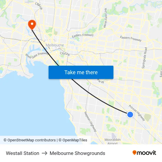 Westall Station to Melbourne Showgrounds map