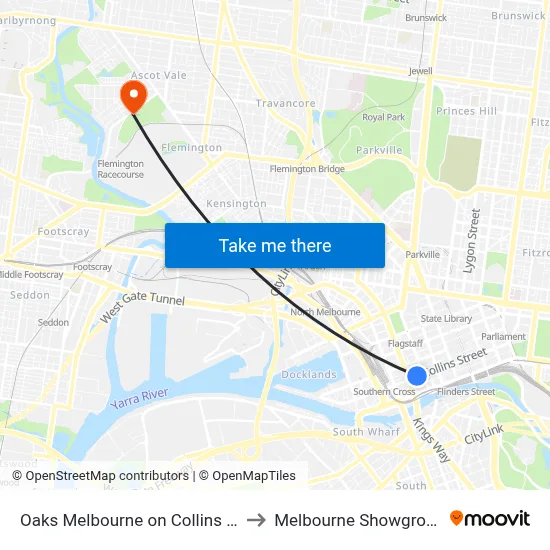 Oaks Melbourne on Collins Hotel to Melbourne Showgrounds map