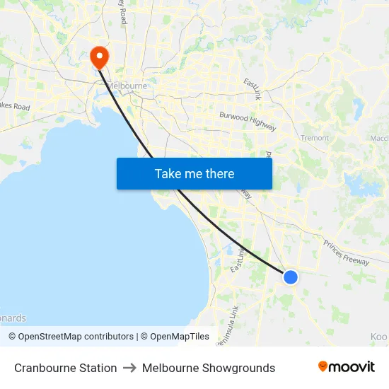 Cranbourne Station to Melbourne Showgrounds map