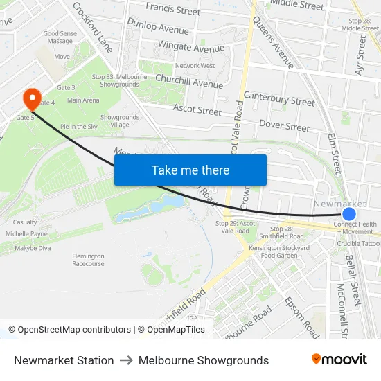Newmarket Station to Melbourne Showgrounds map