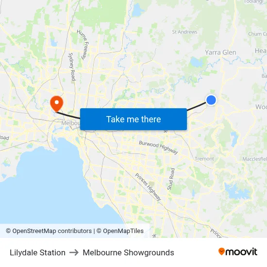 Lilydale Station to Melbourne Showgrounds map