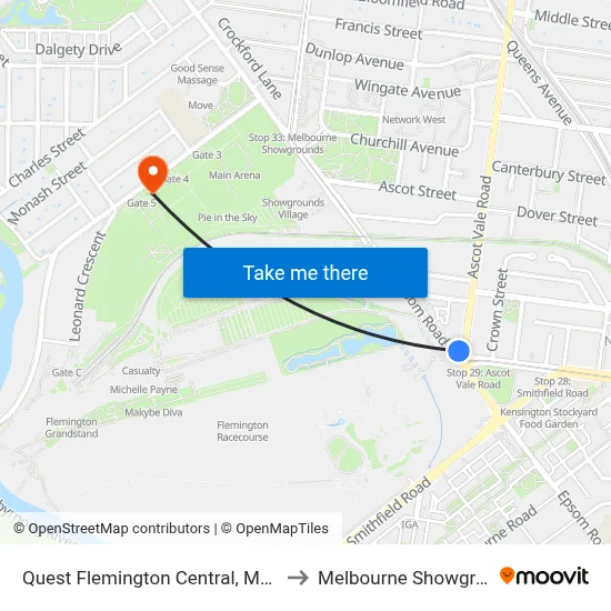 Quest Flemington Central, Melbourne to Melbourne Showgrounds map