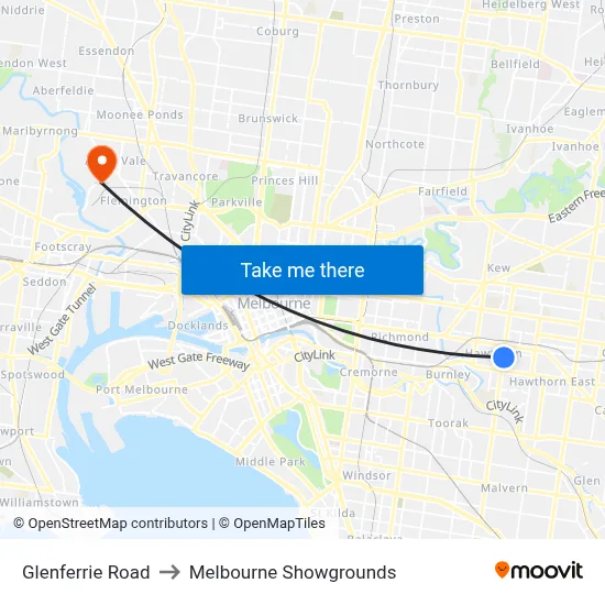 Glenferrie Road to Melbourne Showgrounds map