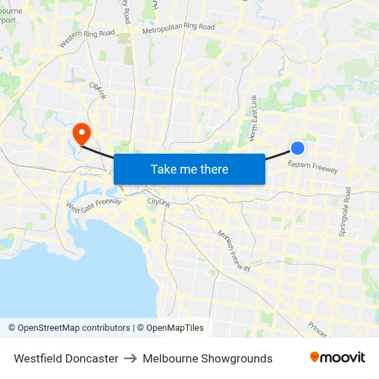 Westfield Doncaster to Melbourne Showgrounds map