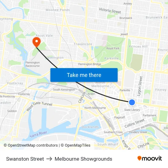 Swanston Street to Melbourne Showgrounds map