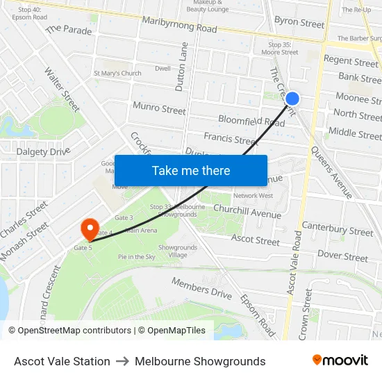 Ascot Vale Station to Melbourne Showgrounds map