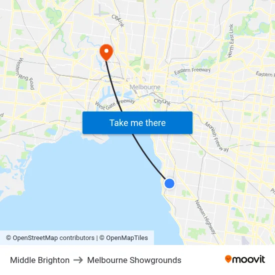 Middle Brighton to Melbourne Showgrounds map