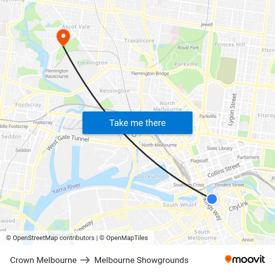 Crown Melbourne to Melbourne Showgrounds map